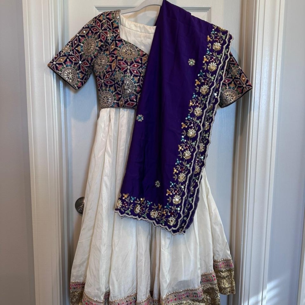 Elegant White and Purple Embroidered Dress